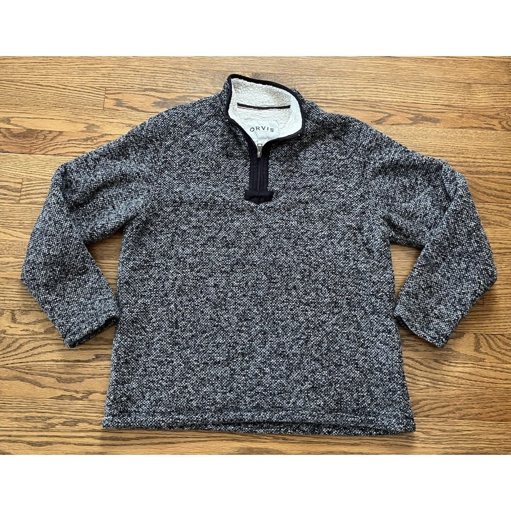 Orvis Men's Brighton Quarter Zip Sweater Sherpa lined jacquard cozy gray size L